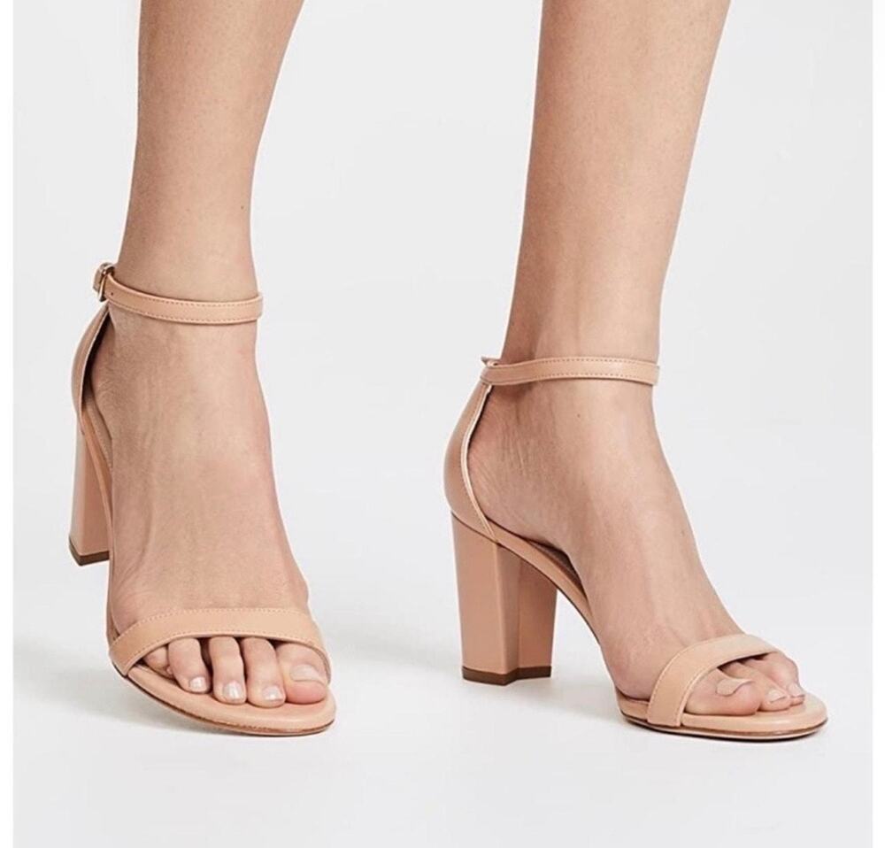 Stuart Weitzman Nude Leather Ankle Strap Block Heel Sandals Size 7